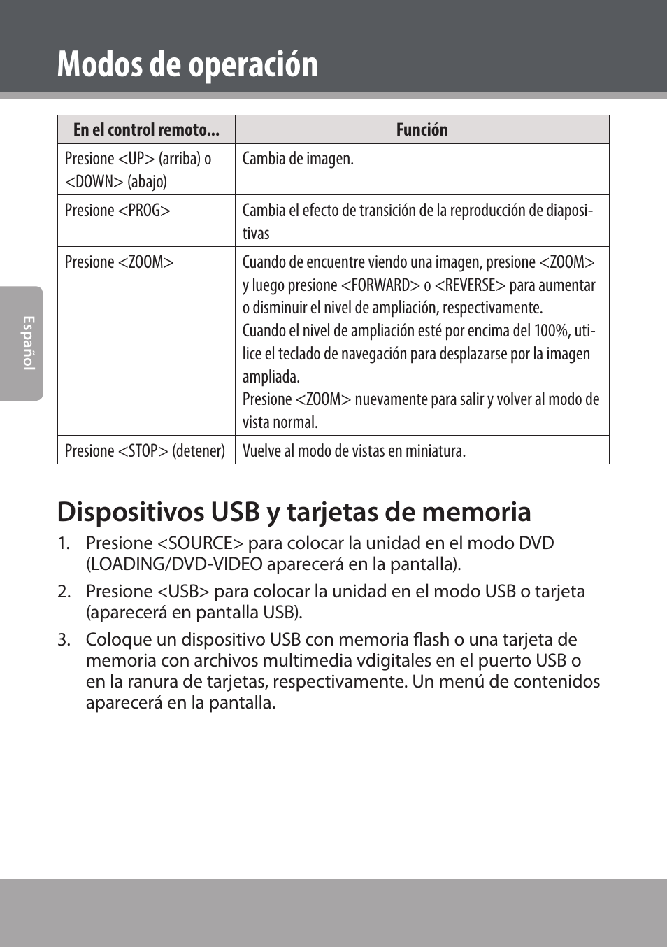 Dispositivos usb y tarjetas de memoria, Modos de operación | COBY electronic DVD938 User Manual | Page 92 / 180