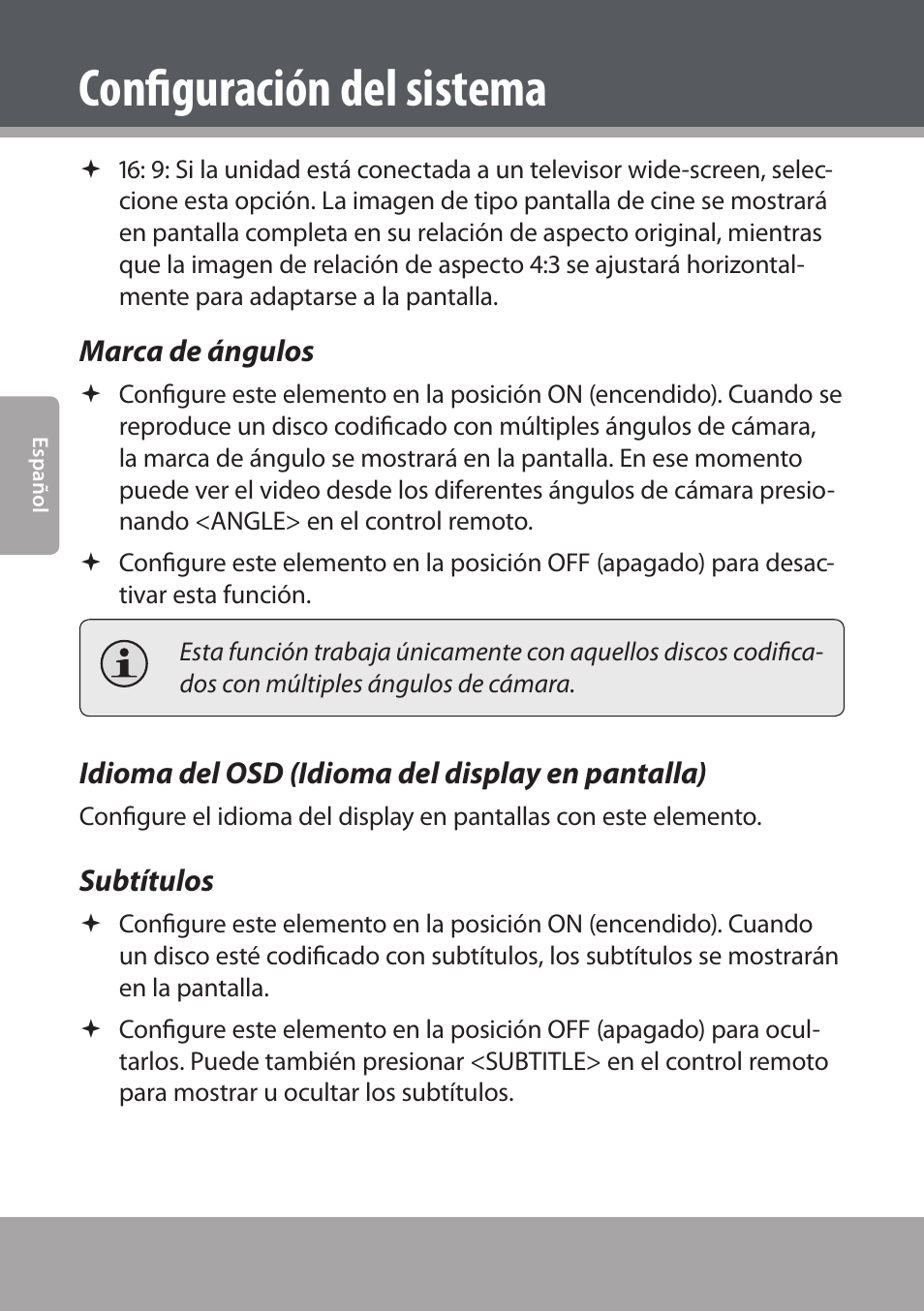 Marca de ángulos, Idioma del osd (idioma del display en pantalla), Subtítulos | Configuración del sistema | COBY electronic DVD938 User Manual | Page 96 / 180