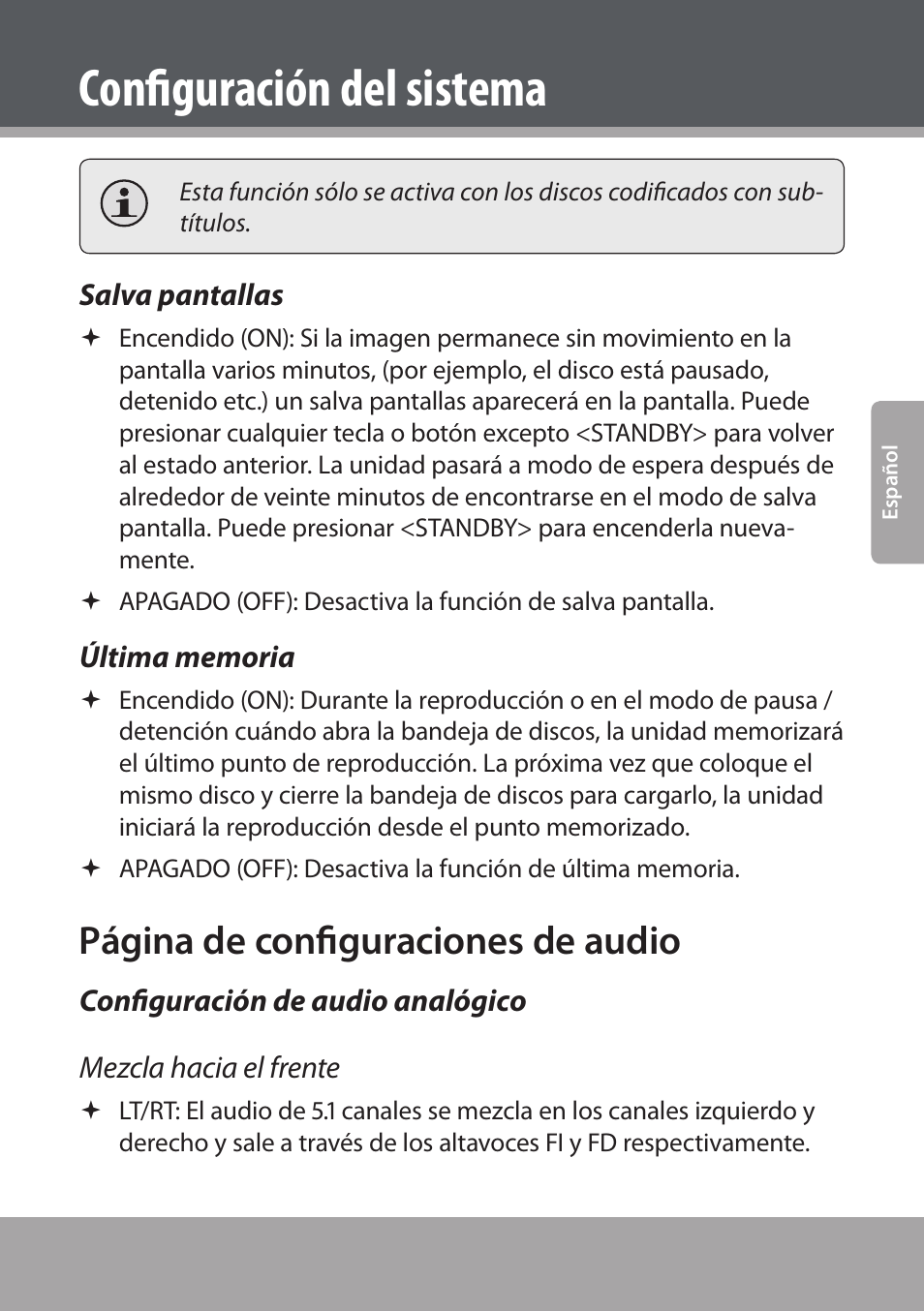 Salva pantallas, Última memoria, Configuración de audio analógico | Configuración del sistema, Página de configuraciones de audio | COBY electronic DVD938 User Manual | Page 97 / 180