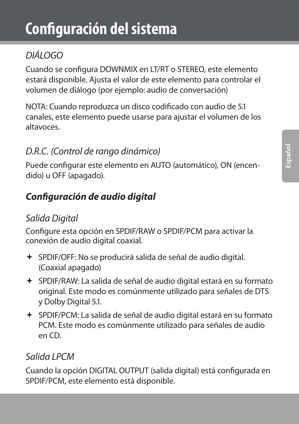 Configuración de audio digital, Configuración del sistema, Diálogo | D.r.c. (control de rango dinámico), Configuración de audio digital salida digital, Salida lpcm | COBY electronic DVD938 User Manual | Page 99 / 180