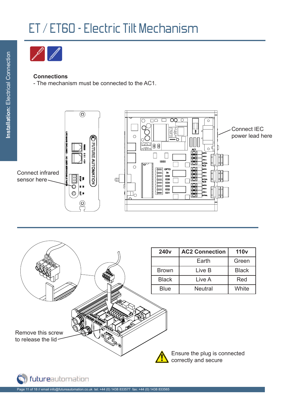 Et / et60 - electric tilt mechanism | Future Automation ET User Manual | Page 12 / 20