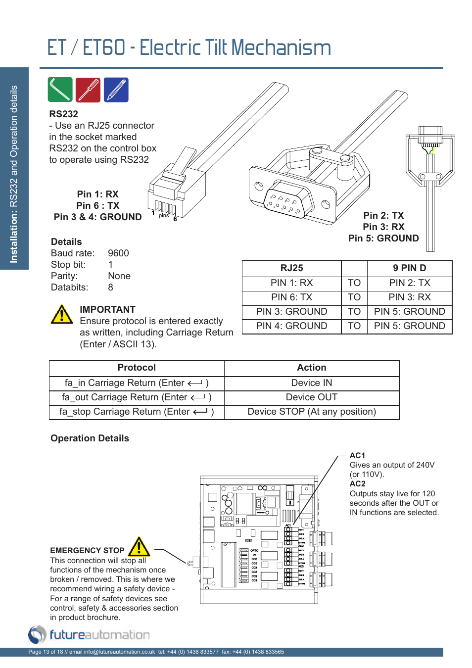 Et / et60 - electric tilt mechanism | Future Automation ET User Manual | Page 14 / 20