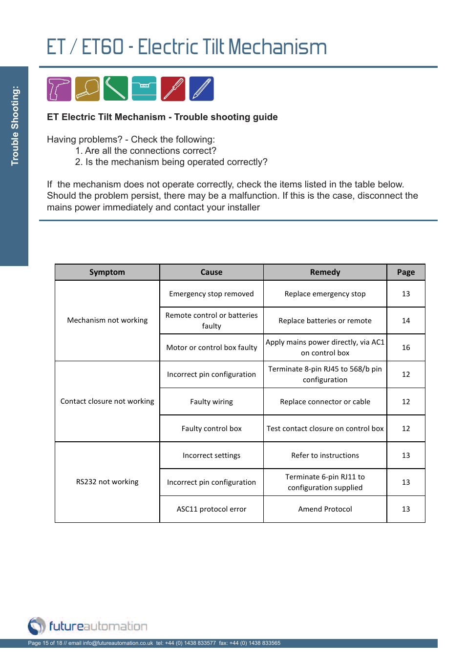 Et / et60 - electric tilt mechanism | Future Automation ET User Manual | Page 16 / 20