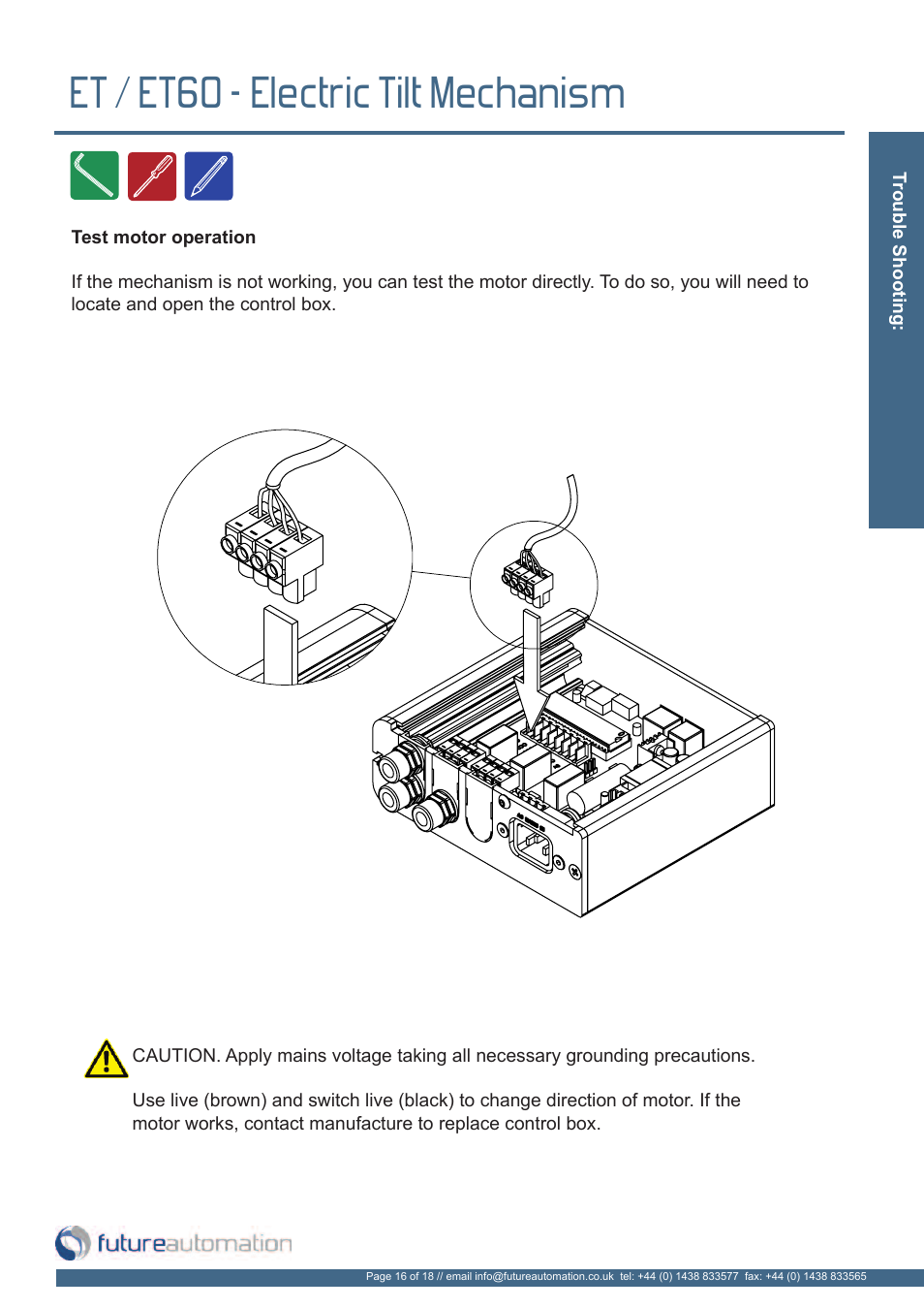 Et / et60 - electric tilt mechanism | Future Automation ET User Manual | Page 17 / 20