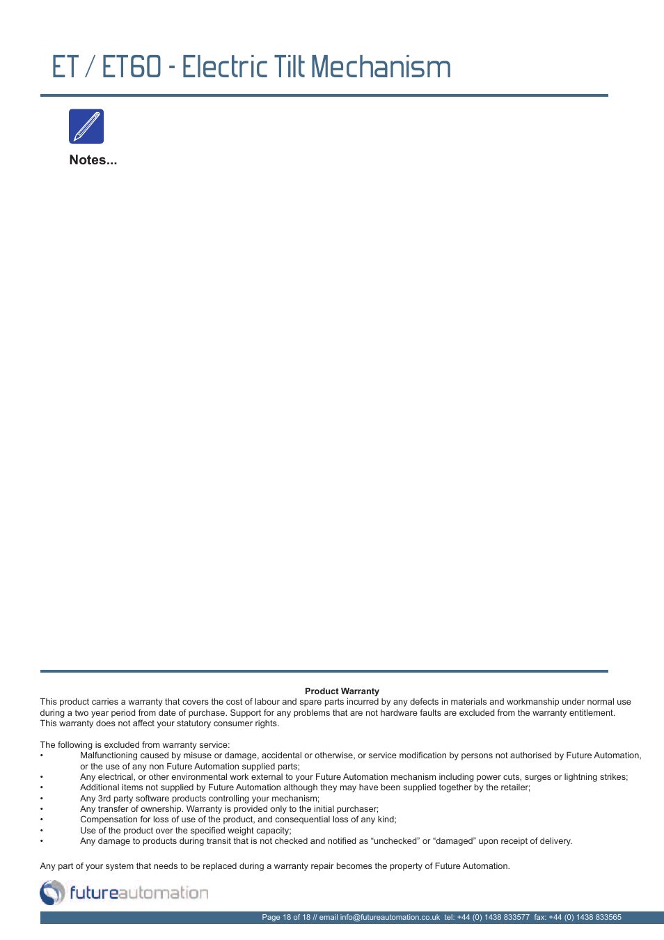 Et / et60 - electric tilt mechanism | Future Automation ET User Manual | Page 19 / 20