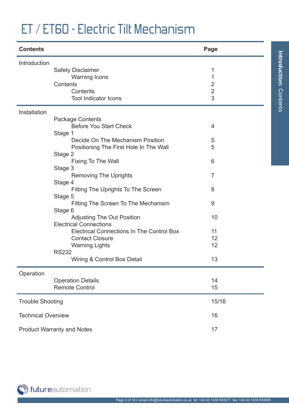 Et / et60 - electric tilt mechanism | Future Automation ET User Manual | Page 3 / 20