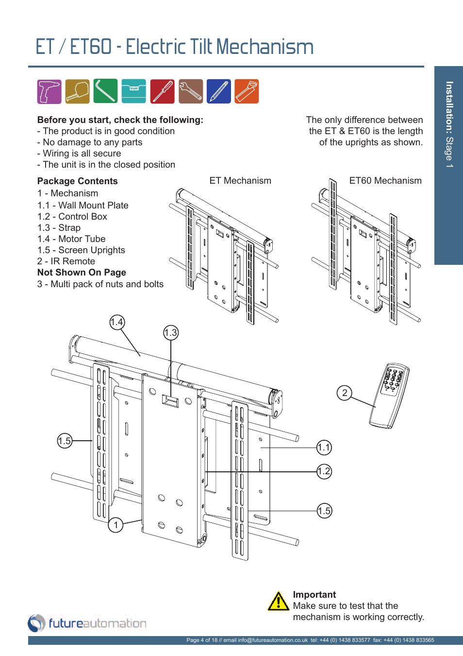 Et / et60 - electric tilt mechanism | Future Automation ET User Manual | Page 5 / 20