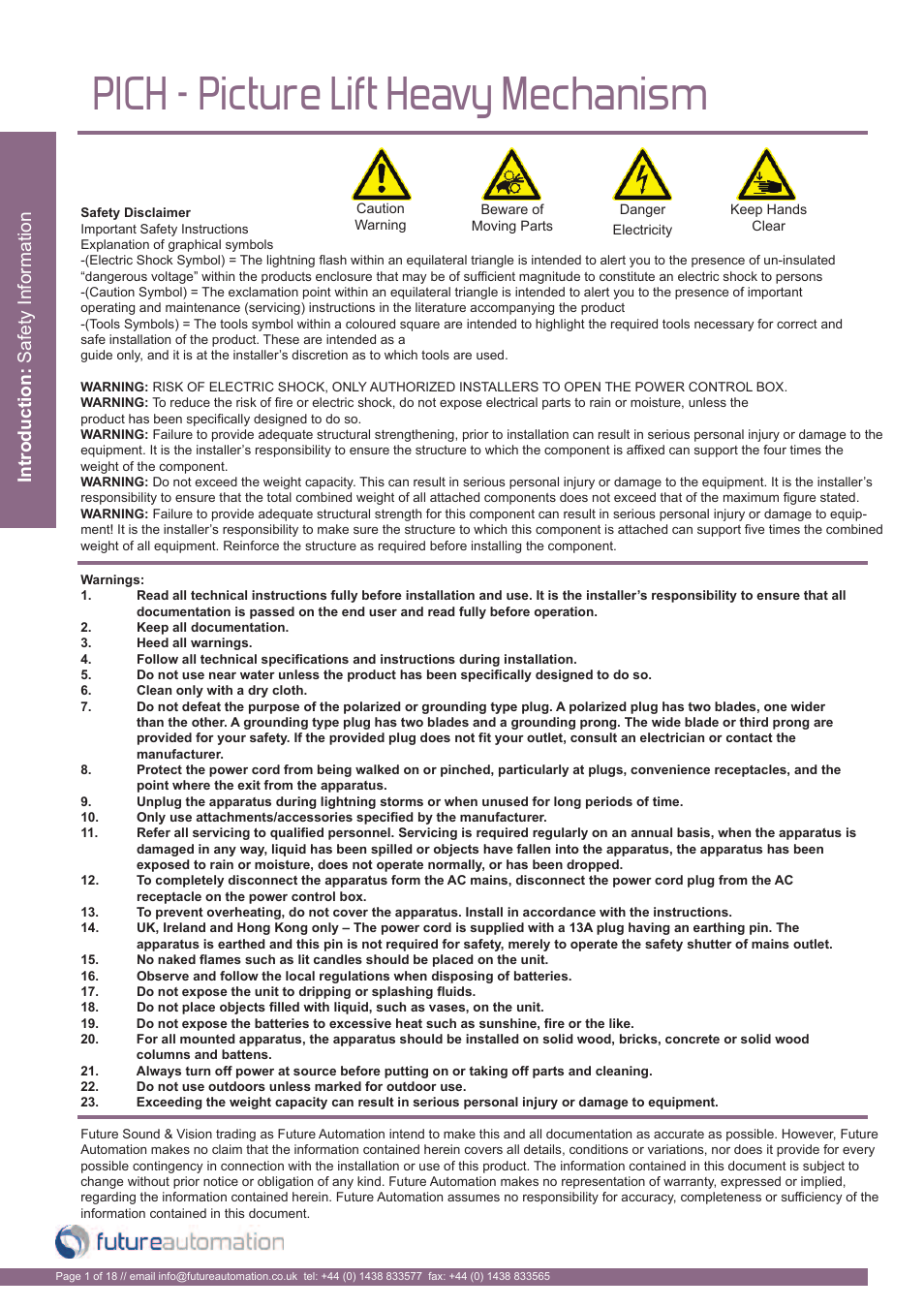 Pich - picture lift heavy mechanism | Future Automation PICH User Manual | Page 2 / 20