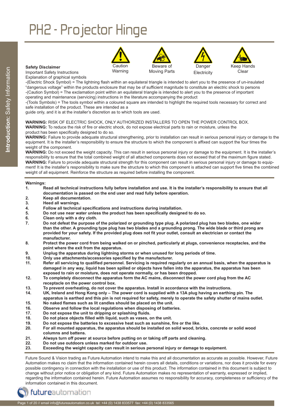 Ph2 - projector hinge | Future Automation PH User Manual | Page 2 / 22