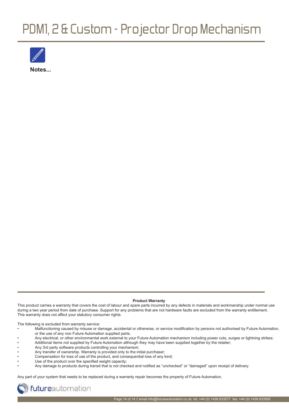 Pdm1, 2 & custom - projector drop mechanism | Future Automation PDM User Manual | Page 15 / 16