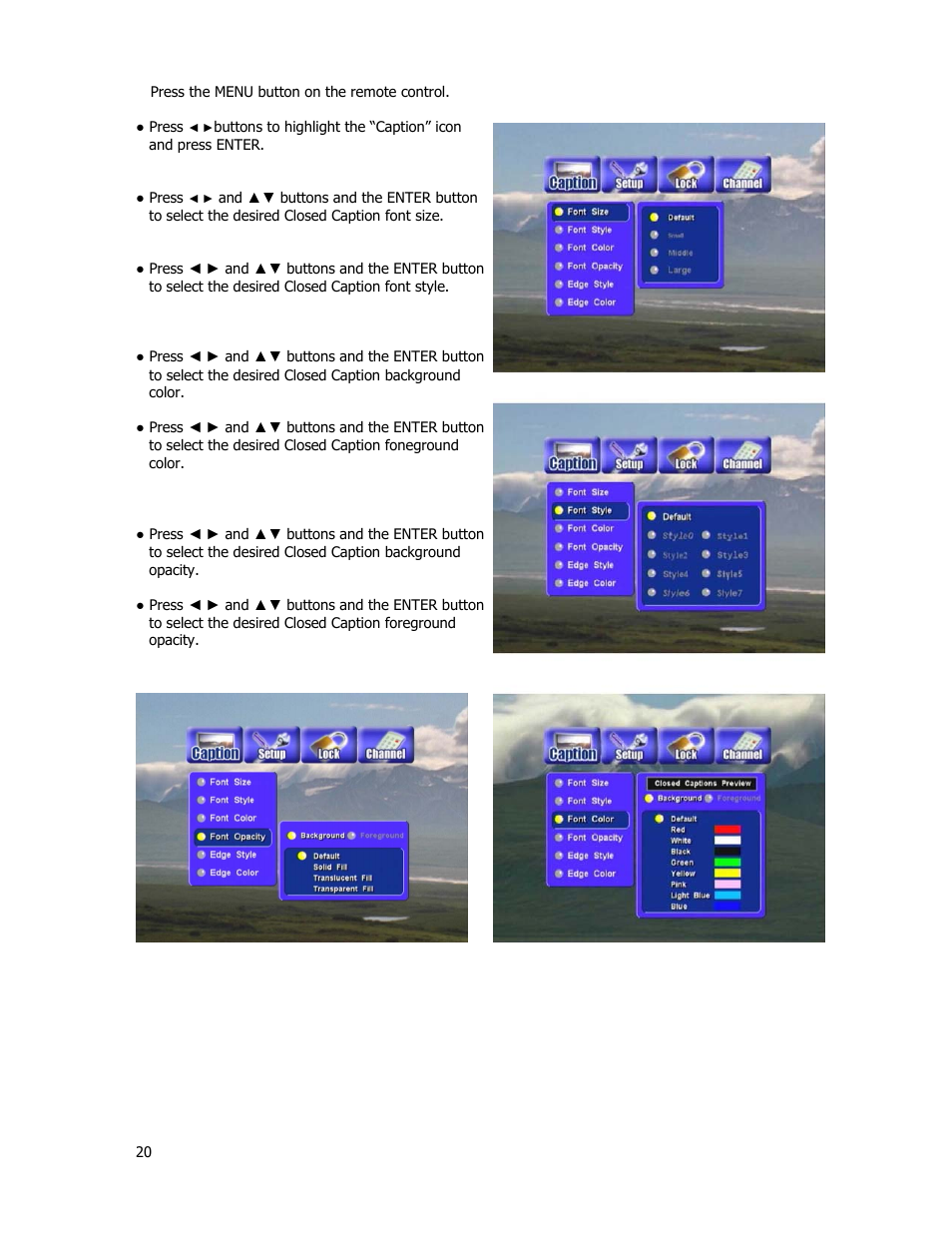Caption (closed-caption options) | Holland Electronics HDTV-ST2 User Manual | Page 21 / 37