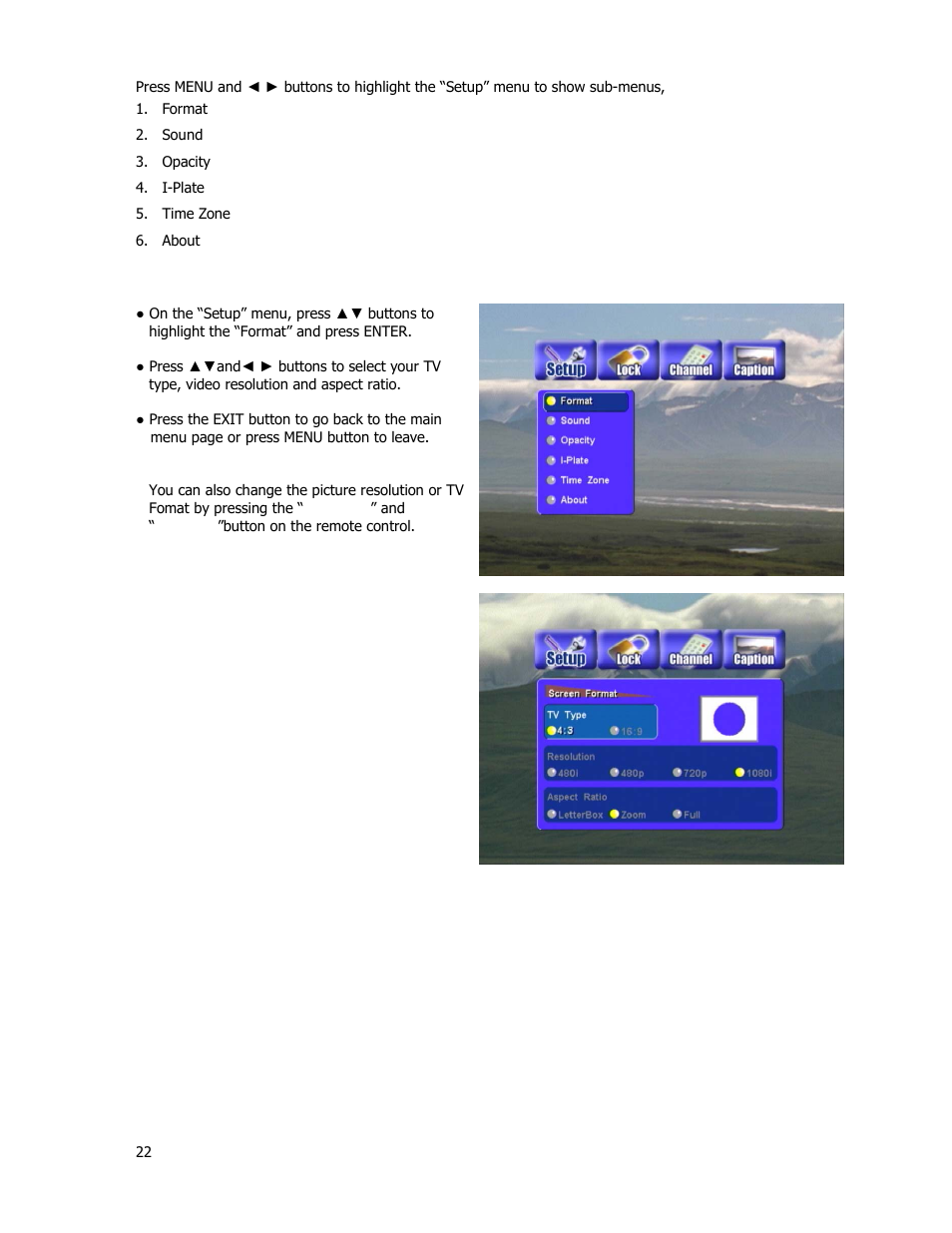 Setup, Format (screen format setup) | Holland Electronics HDTV-ST2 User Manual | Page 23 / 37