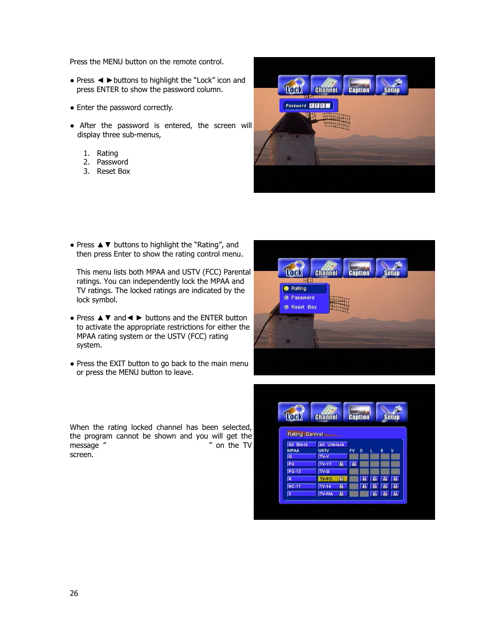 Lock, Rating (lock programs using the ustv(fcc) or mpaa) | Holland Electronics HDTV-ST2 User Manual | Page 27 / 37