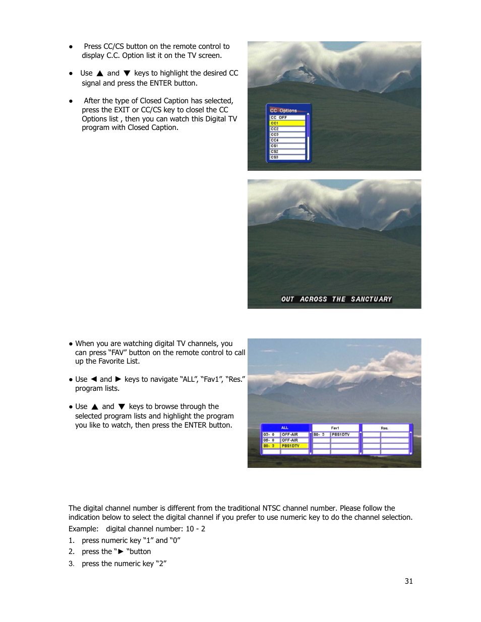 Closed caption, Favorite channel list, Press numeric key to select digital channel | Holland Electronics HDTV-ST2 User Manual | Page 32 / 37