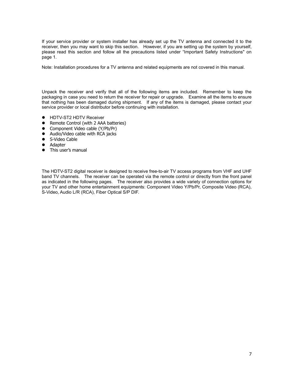 Setting up the reception system, Package contents | Holland Electronics HDTV-ST2 User Manual | Page 8 / 37