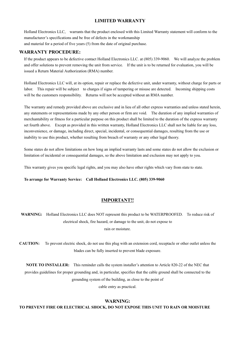 Holland Electronics HMA-860H User Manual | Page 2 / 5