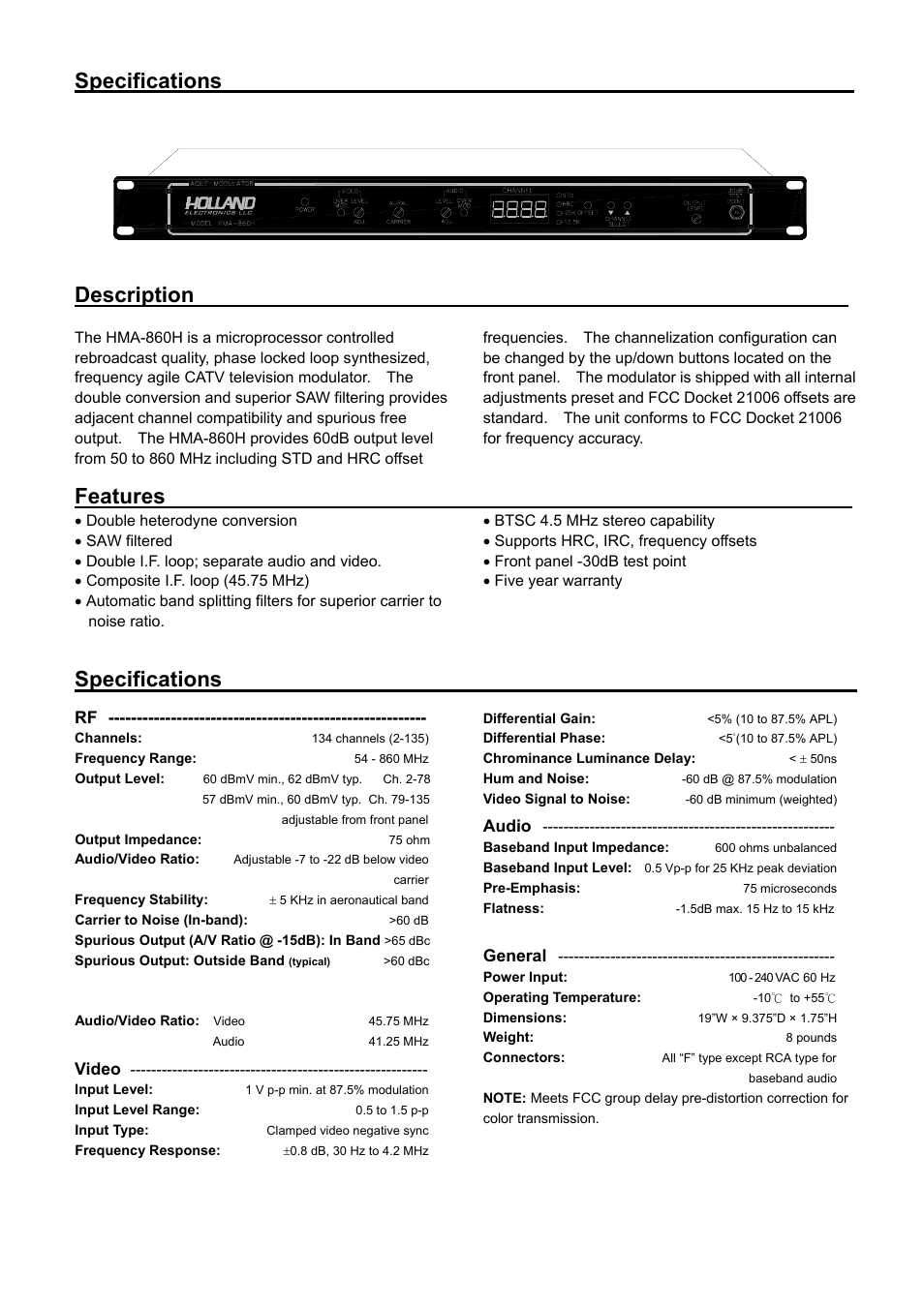 Specifications, Description, Features | Holland Electronics HMA-860H User Manual | Page 3 / 5