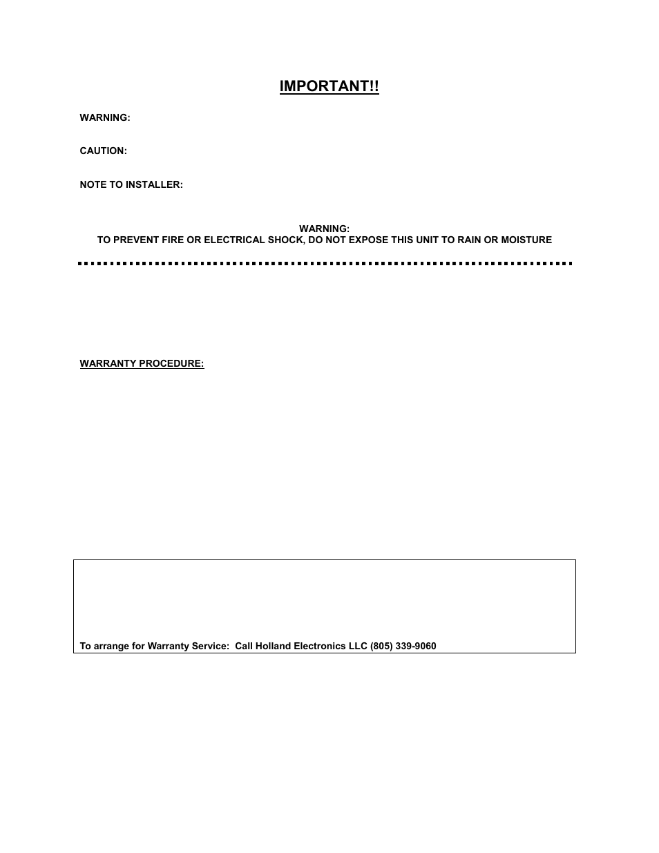 Limited warranty, Important | Holland Electronics HPH860 User Manual | Page 6 / 6