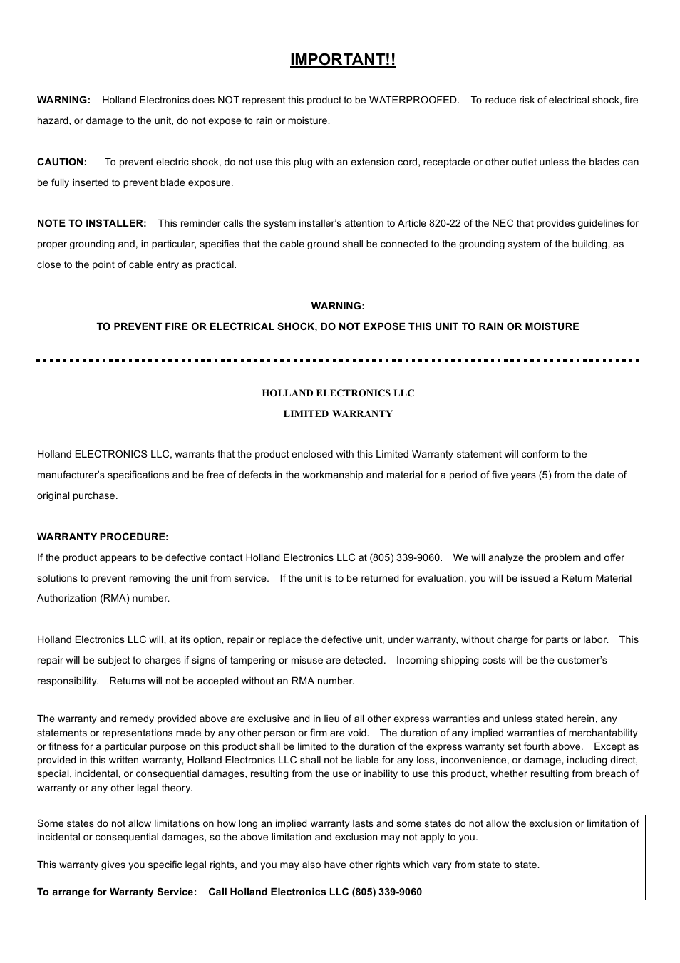 Important | Holland Electronics HPH 860AD User Manual | Page 2 / 6