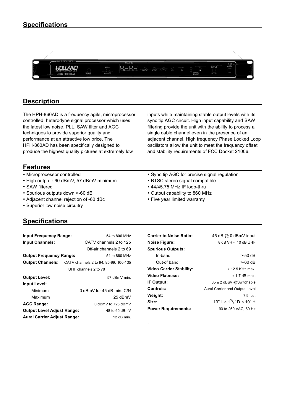 Specifications, Description, Features | Holland Electronics HPH 860AD User Manual | Page 3 / 6