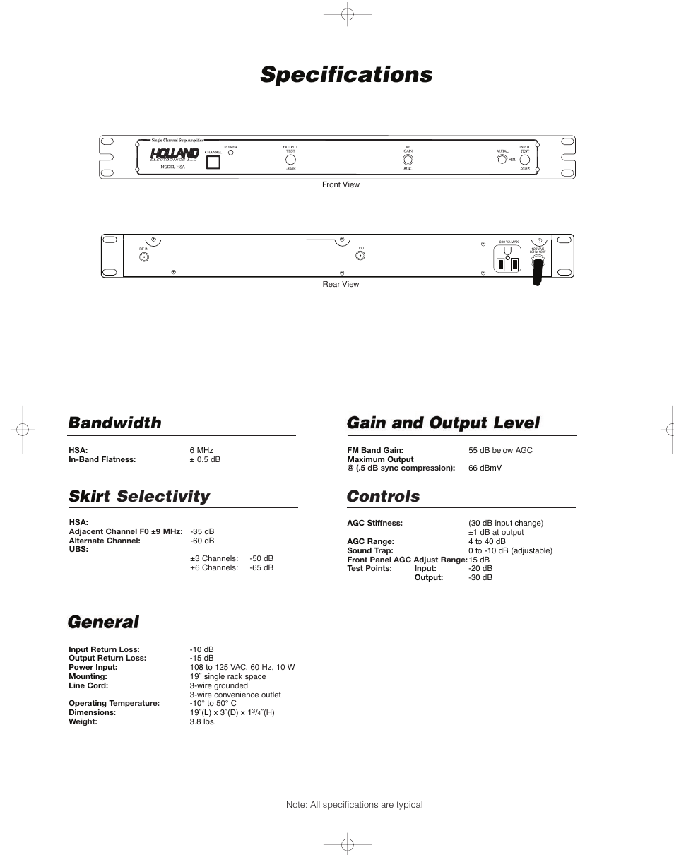 Specifications, Bandwidth, Skir t selectivity controls | Single channel strip amplifiers | Holland Electronics HSA User Manual | Page 2 / 4