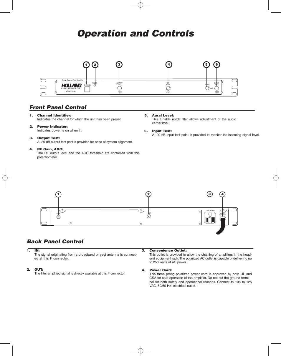 Operation and controls, Front panel control, Back panel control | Holland Electronics HSA User Manual | Page 3 / 4