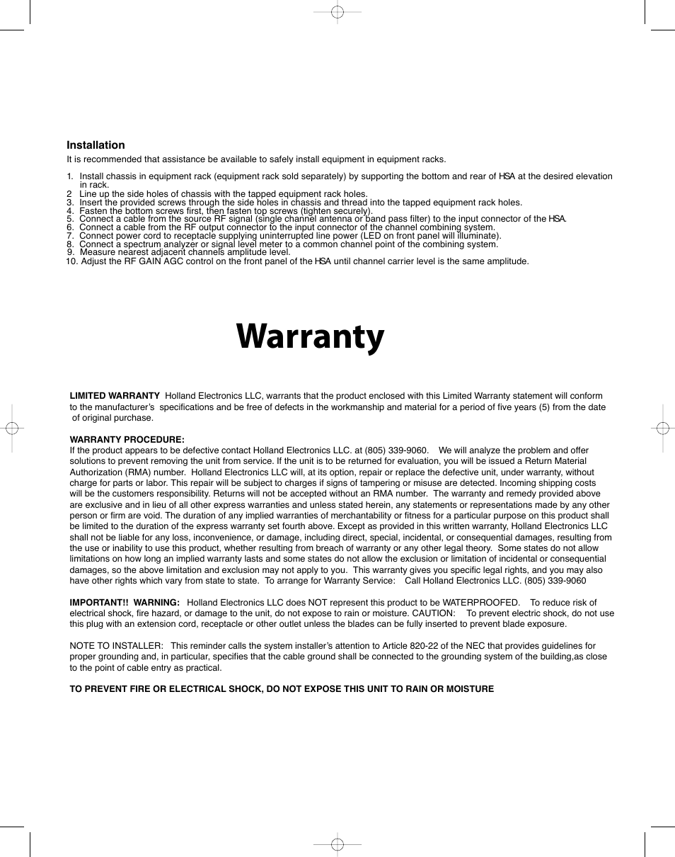 Warranty | Holland Electronics HSA User Manual | Page 4 / 4