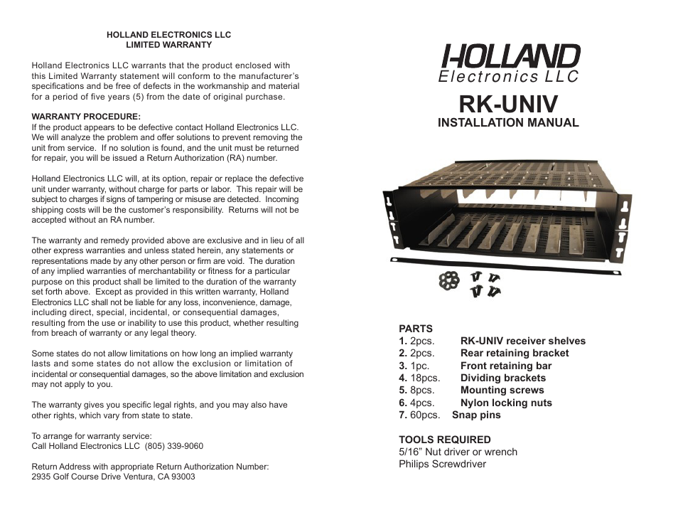 Holland Electronics RK-UNIV User Manual | 6 pages