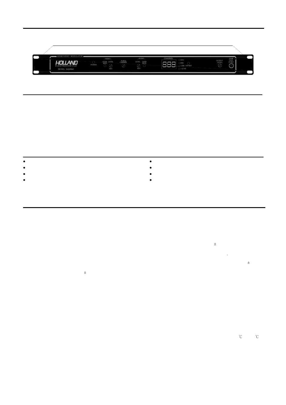 Specifications, Description, Features | Channels: 134 channels (2-135), Frequency range: 54 - 860 mhz, Output level: 60 dbmv min., 62 dbmv typ. ch.2-62, 57 dbmv min., 60 dbmv typ. ch.63-135, Adjustable from front panel, Output impedance: 75 ohm, Carrier | Holland Electronics SAWM60 User Manual | Page 3 / 5