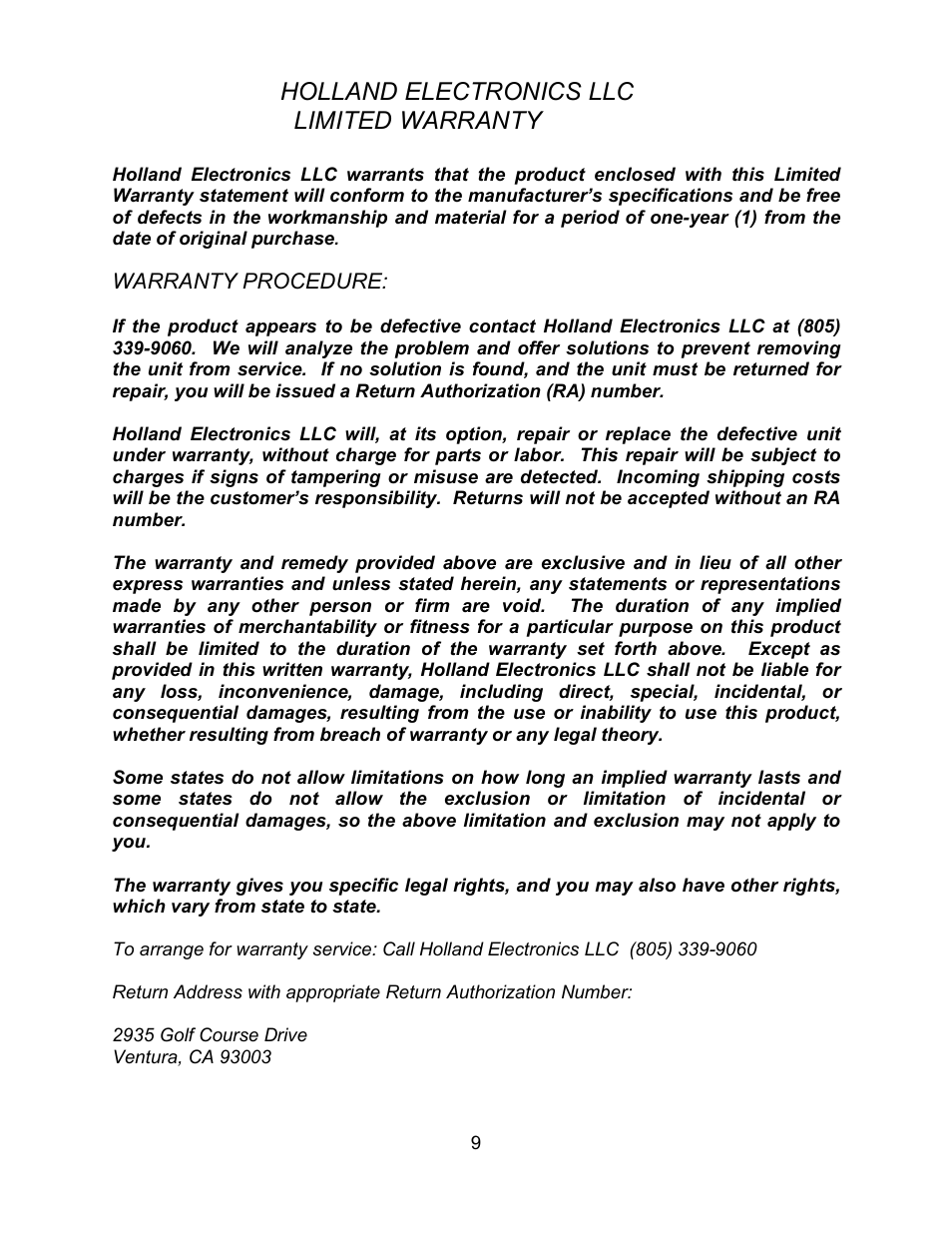 Holland electronics llc limited warranty | Holland Electronics ST-4000 User Manual | Page 11 / 11