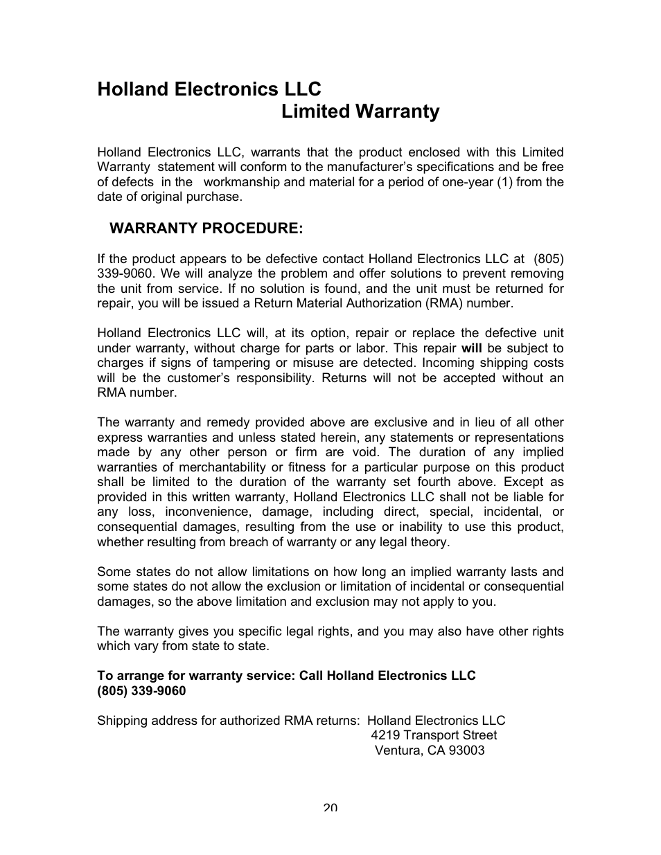 Holland electronics llc limited warranty | Holland Electronics ST-5128S User Manual | Page 21 / 25