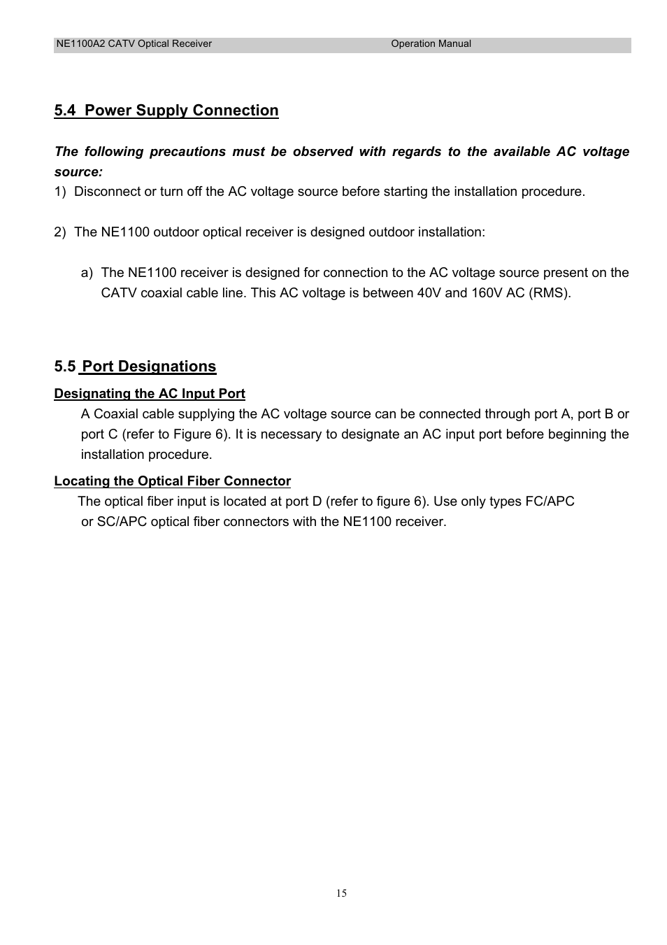 4 power supply connection, 5 port designations | Holland Electronics NE 1100 User Manual | Page 15 / 28