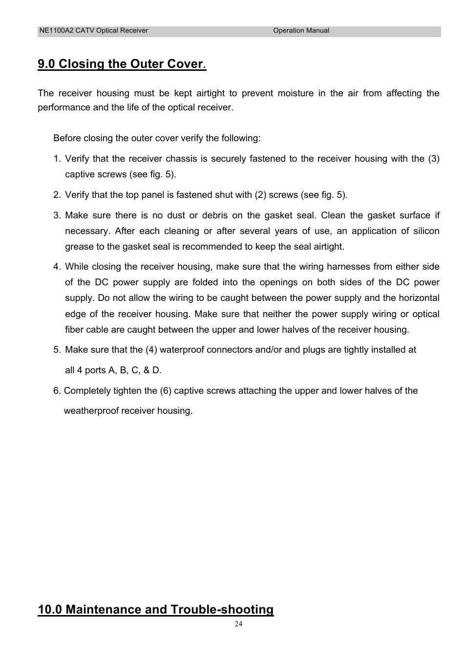 0 closing the outer cover, 0 maintenance and trouble-shooting | Holland Electronics NE 1100 User Manual | Page 24 / 28