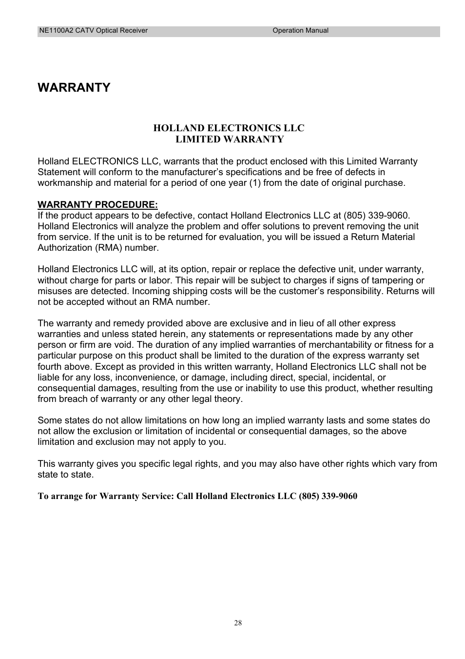 Warranty | Holland Electronics NE 1100 User Manual | Page 28 / 28