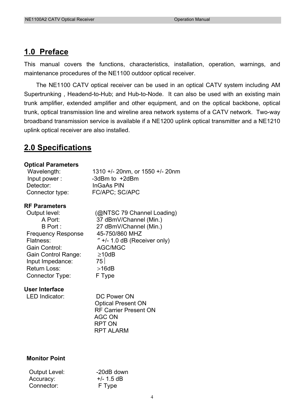 0 preface, 0 specifications | Holland Electronics NE 1100 User Manual | Page 4 / 28