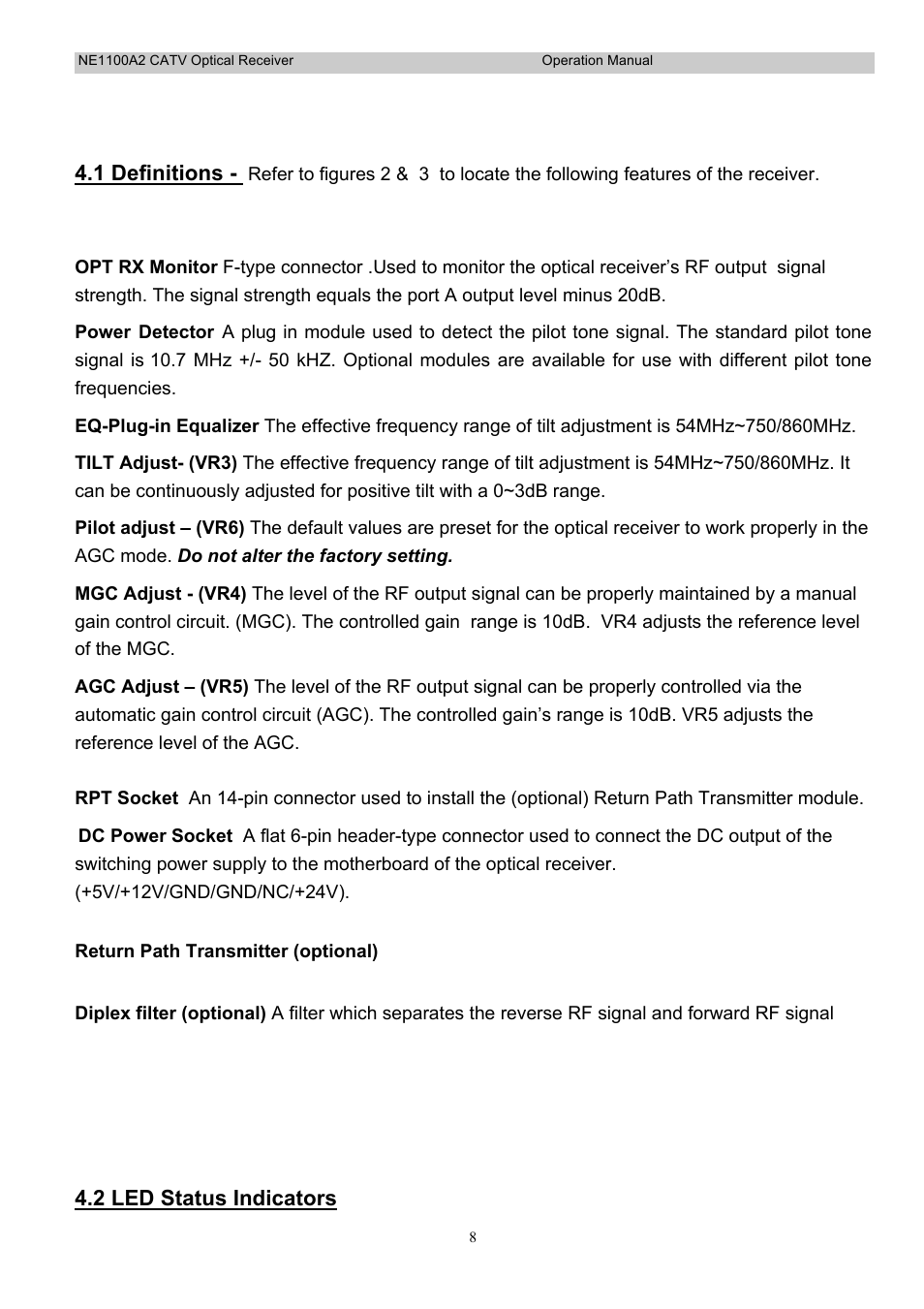 1 definitions, 2 led status indicators | Holland Electronics NE 1100 User Manual | Page 8 / 28