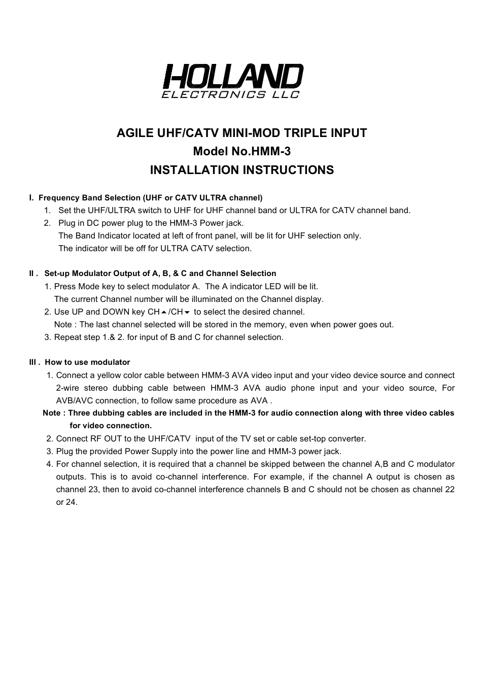 Holland Electronics HMM 3 User Manual | 4 pages