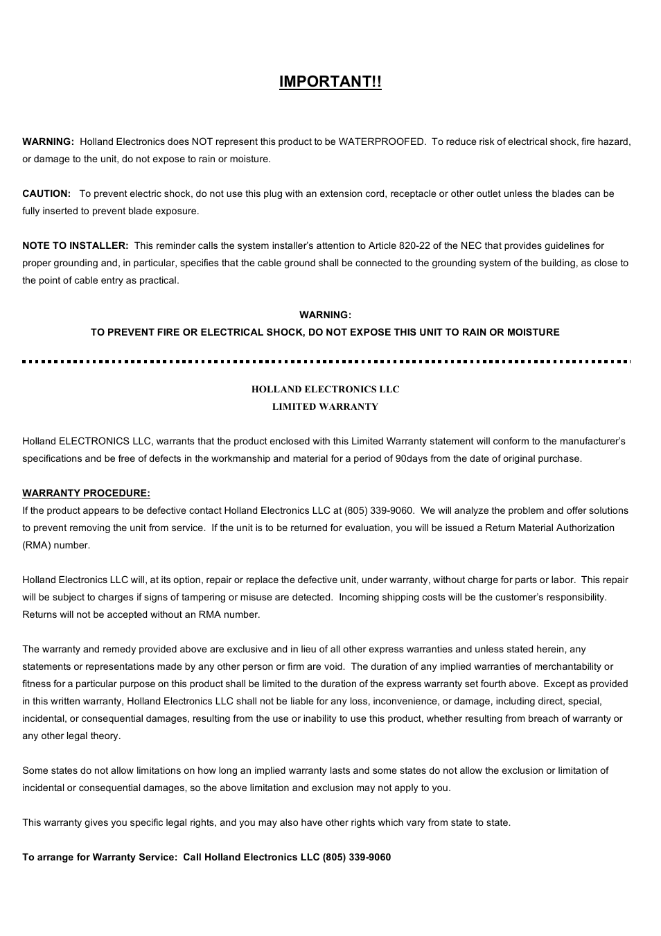 Important | Holland Electronics HMM 3 User Manual | Page 4 / 4