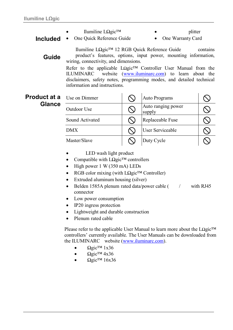 What is included, About this guide, Product at a glance | Features, Controllers | ILUMINARC Ilumiline™ LΩGIC 12 User Manual | Page 2 / 4