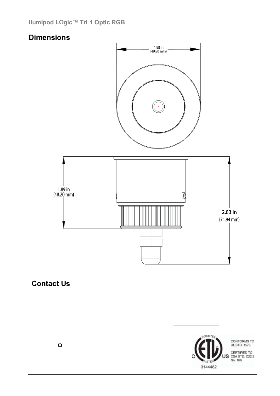 Dimensions, Contact us | ILUMINARC Ilumipod™ LΩGIC Tri-1 User Manual | Page 4 / 4