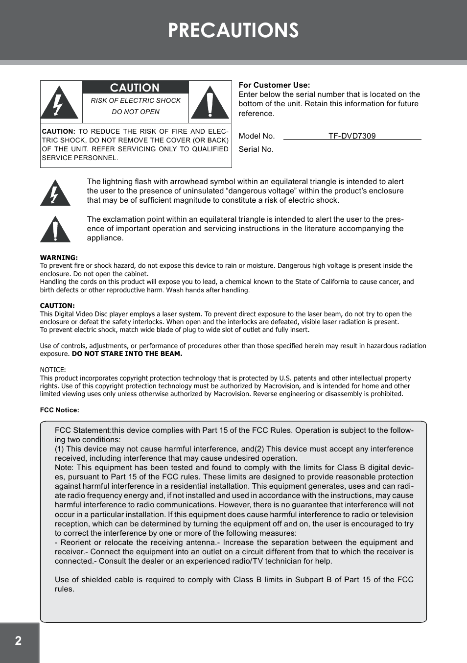 Precautions, Caution | COBY electronic TF-DVD7309 User Manual | Page 2 / 26