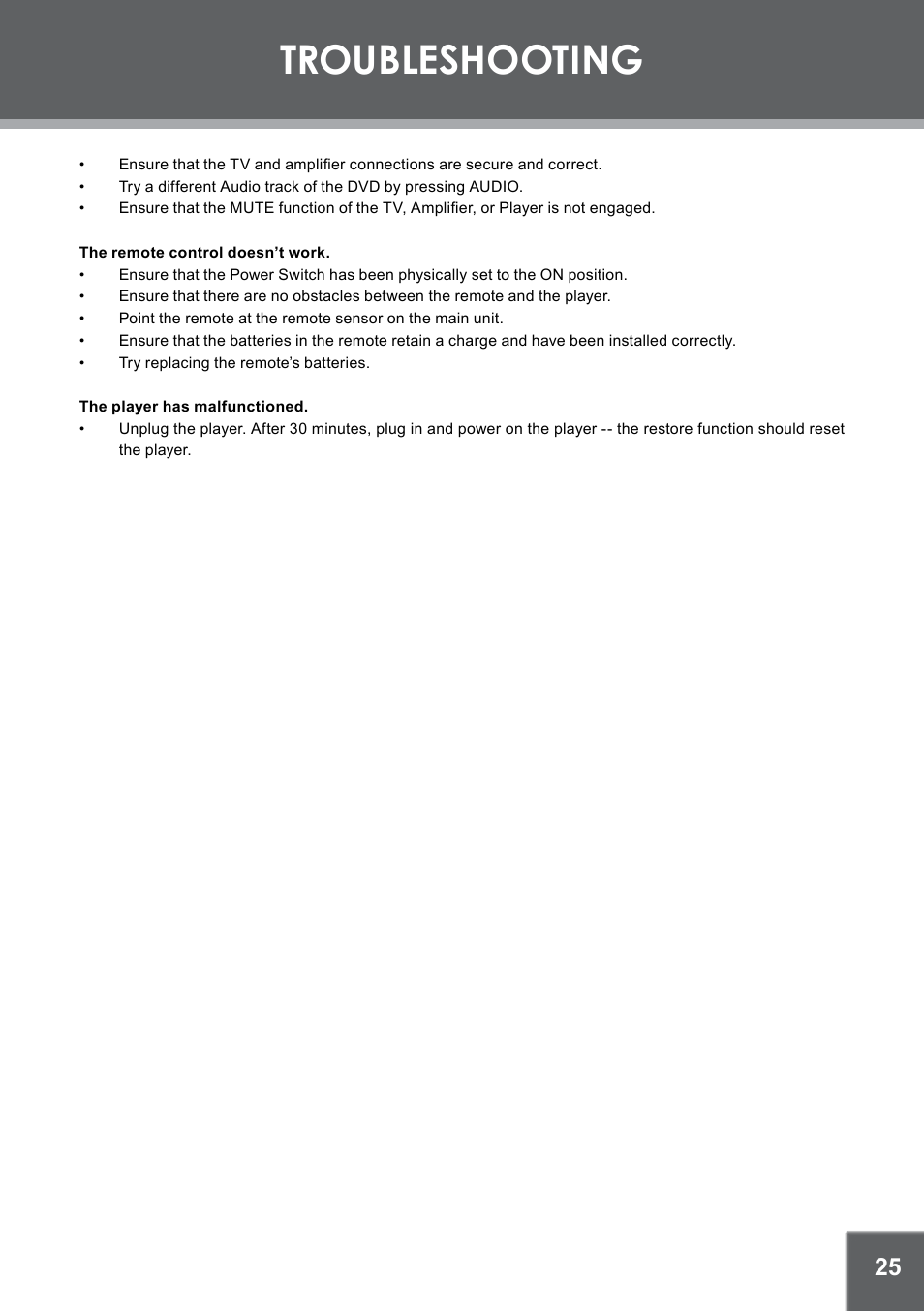 Troubleshooting | COBY electronic TF-DVD7309 User Manual | Page 25 / 26