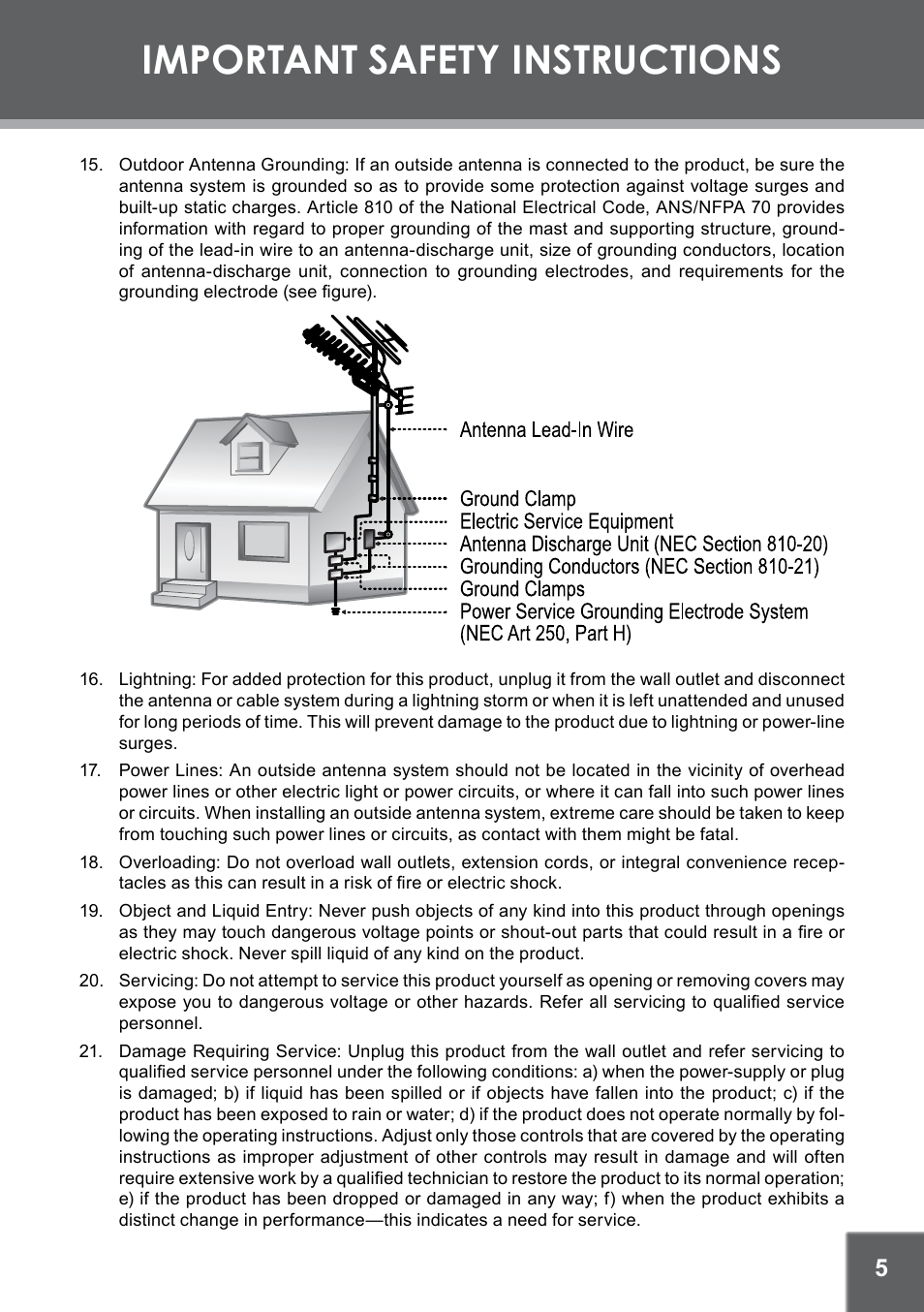 Important safety instructions | COBY electronic TF-DVD7309 User Manual | Page 5 / 26