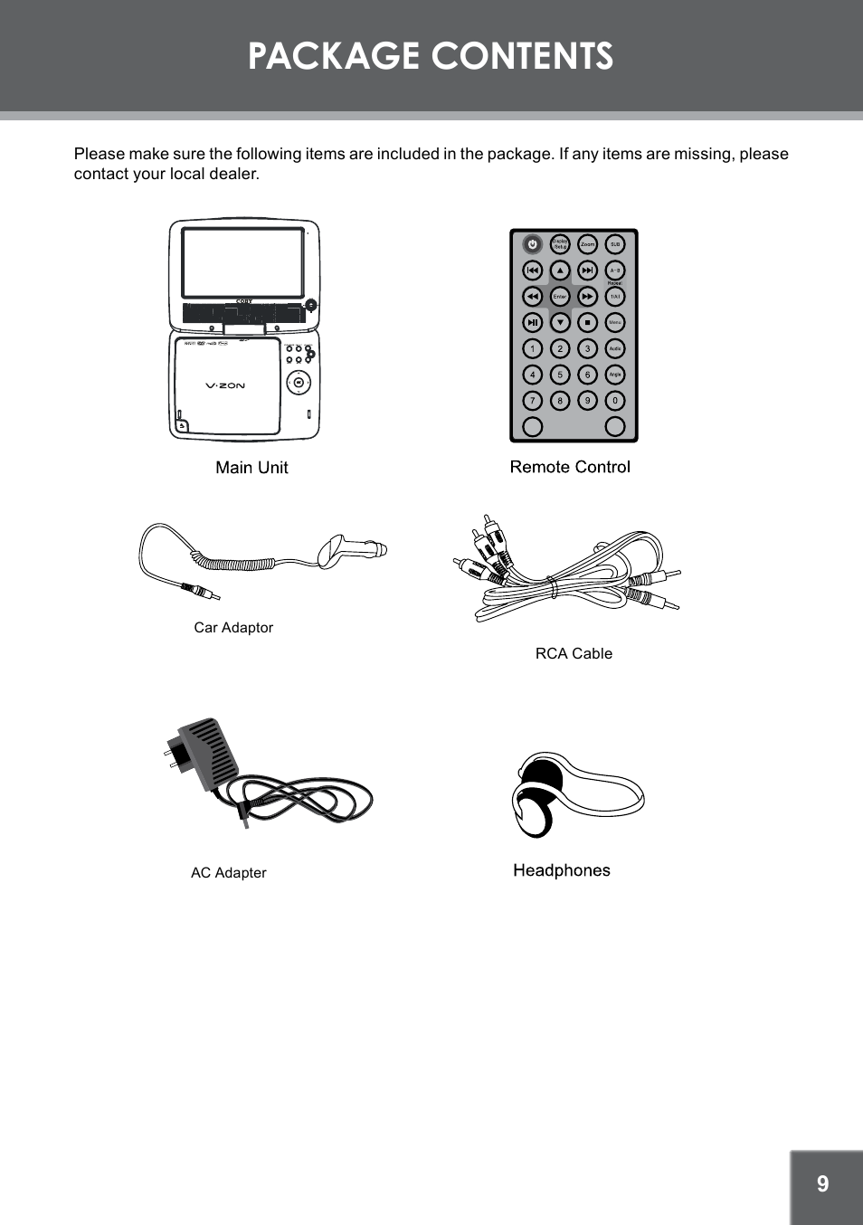 Package contents | COBY electronic TF-DVD7309 User Manual | Page 9 / 26