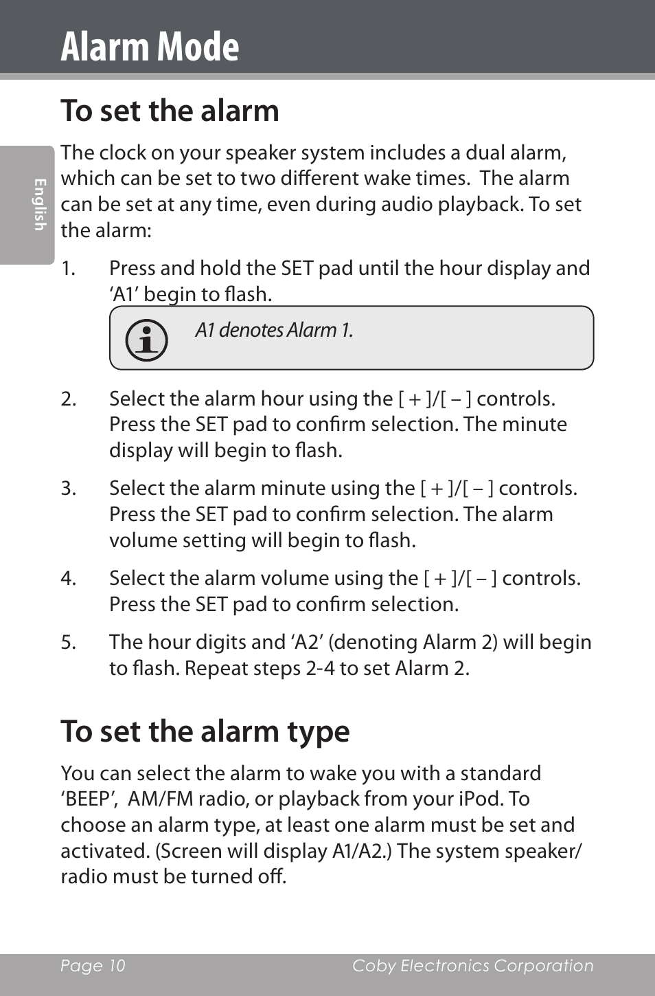 Alarm mode, To set the alarm, To set the alarm type | COBY electronic CSMP162 User Manual | Page 10 / 68