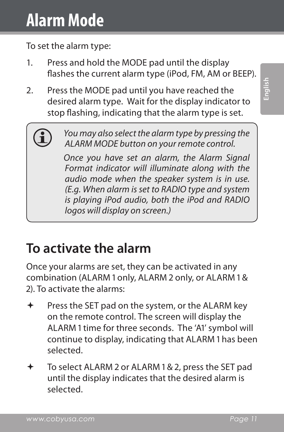 To activate the alarm, Alarm mode | COBY electronic CSMP162 User Manual | Page 11 / 68