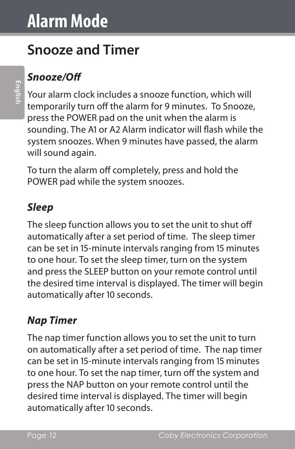 Snooze and timer, Snooze/off, Sleep | Nap timer, Alarm mode | COBY electronic CSMP162 User Manual | Page 12 / 68