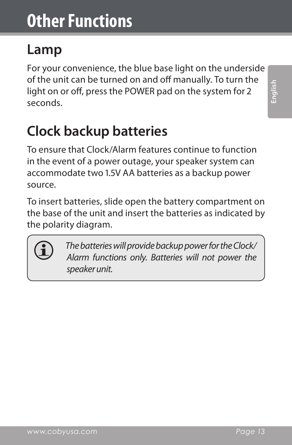 Other functions, Lamp, Clock backup batteries | COBY electronic CSMP162 User Manual | Page 13 / 68