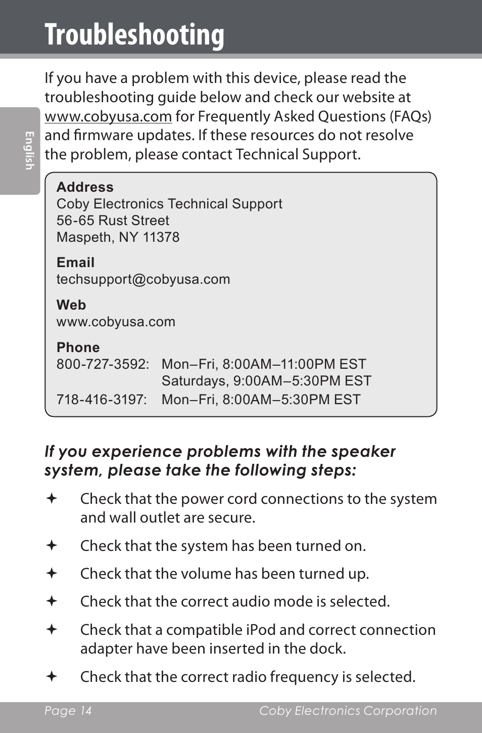 Troubleshooting | COBY electronic CSMP162 User Manual | Page 14 / 68