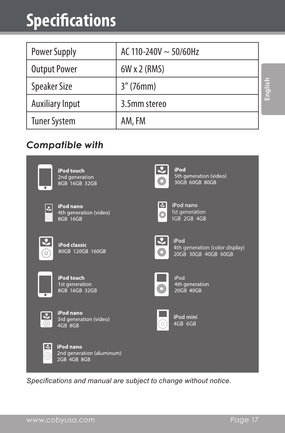 Specifications | COBY electronic CSMP162 User Manual | Page 17 / 68